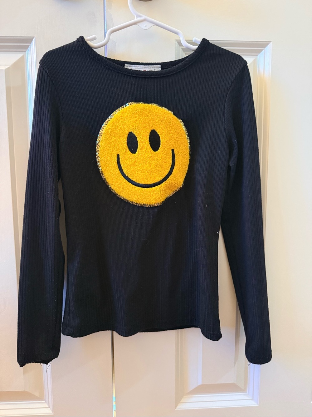Dreamgirl Black Ribbed Crewneck Sweater with Yellow Smiley Patch
